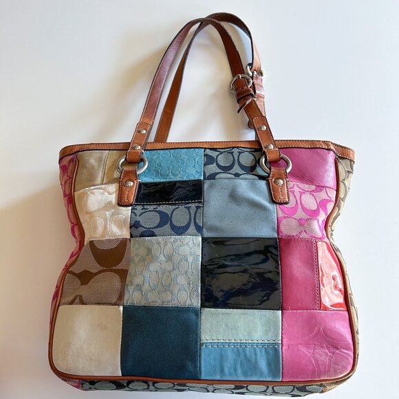 Vintage Y2K Coach Patchwork Pink Blue Leather Signature Print Shoulder Tote Bag - Picture 2 of 12